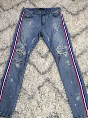 Distressed Light Blue Skinny Jeans with Red White Blue Side Stripes